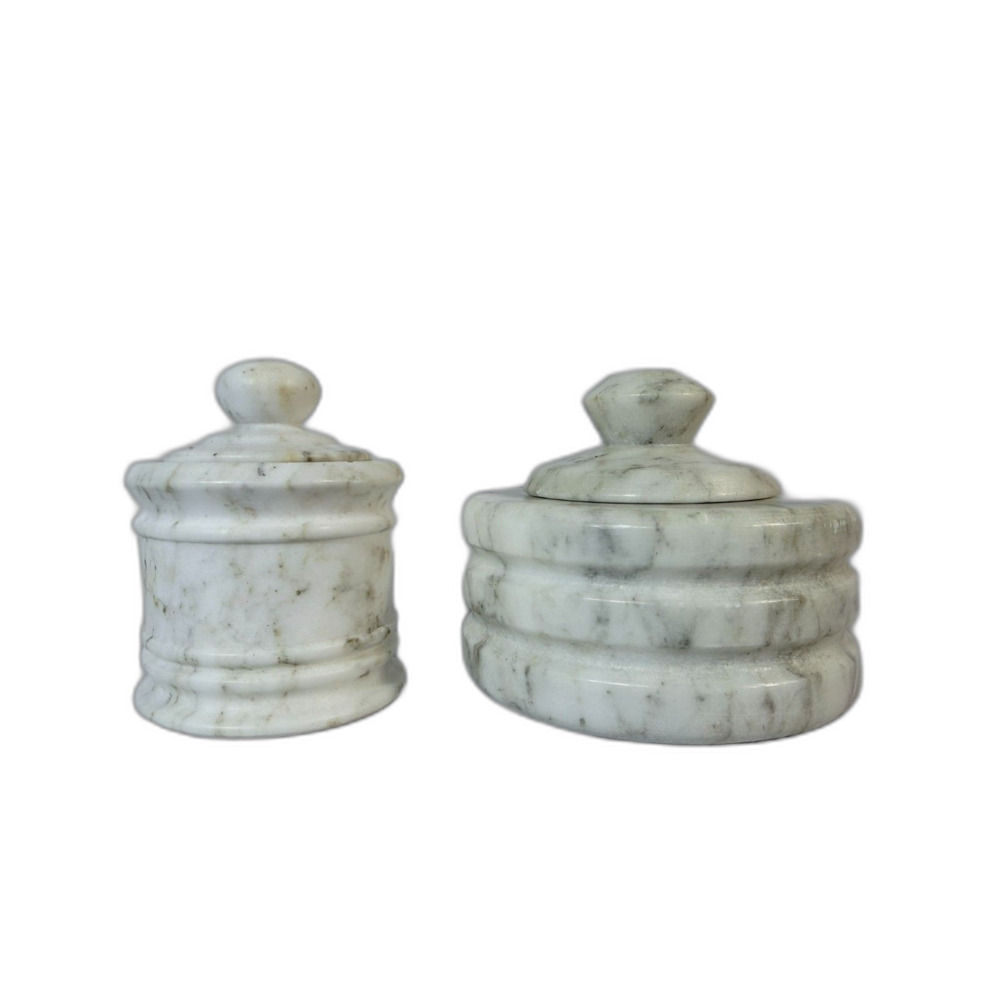Vtg Marble Onxy Pair Salt Cellar Butter Keeper Jars w Lids White Vanity Trinket